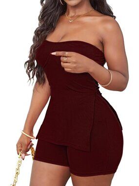 〽️Women's Shorts Sets Burgundy Ribbed Tube Tops and Shorts 2 Pieces Outfit